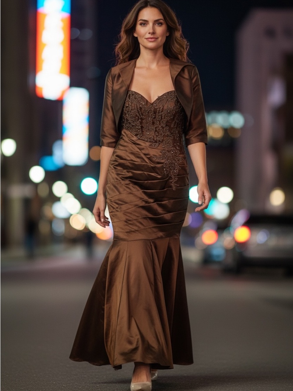 Elegant Brown Mother of the Bride Evening Dress